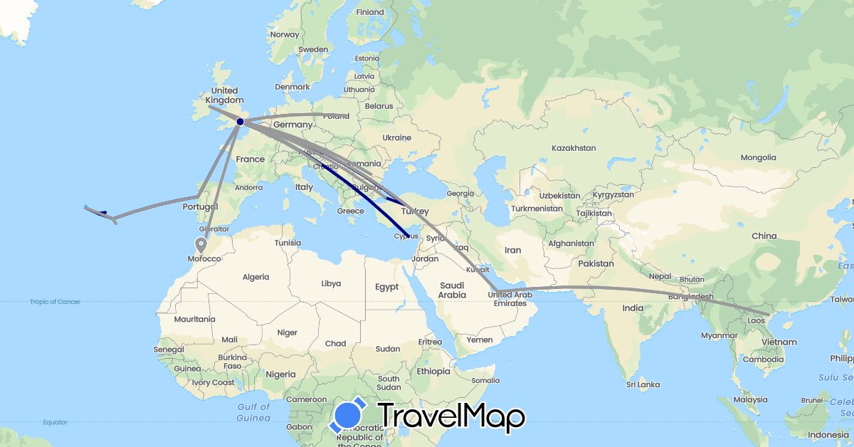TravelMap itinerary: driving, plane, boat in Cyprus, United Kingdom, Croatia, Ireland, Morocco, Poland, Portugal, Qatar, Romania, Slovenia, Turkey, Vietnam (Africa, Asia, Europe)